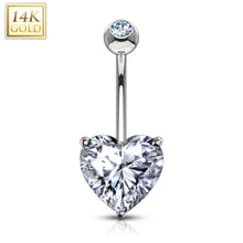 Load image into Gallery viewer, 14K Solid White/Yellow gold Heart CZ Prong set belly ring