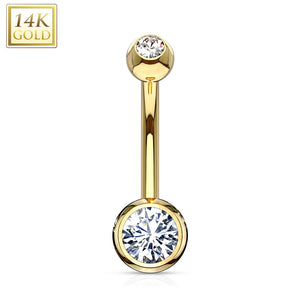 14K Solid Yellow/White gold basic double gemmed belly ring