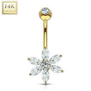 14k Solid White/Yellow gold Petal Flower Multi CZ Prong set Belly ring