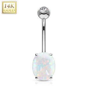 14K Solid White/Yellow Gold Synthetic Opal Stone Prong set Belly ring