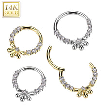 Load image into Gallery viewer, 14K Gold Hinged Segment Hoop Ring With CZ Center Half Flower and Pave CZ Sides