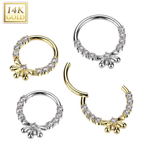 14K Gold Hinged Segment Hoop Ring With CZ Center Half Flower and Pave CZ Sides