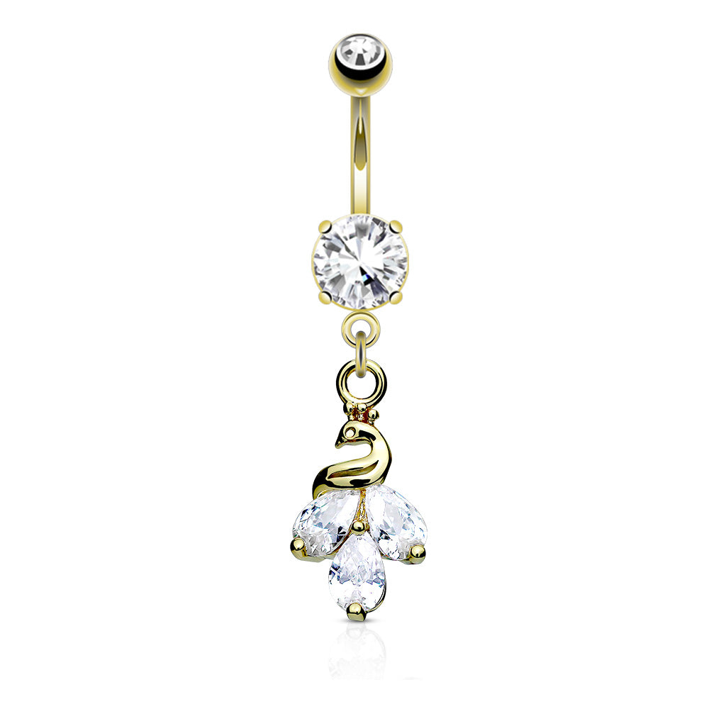 Cluster peacock dangle and round prong set belly ring