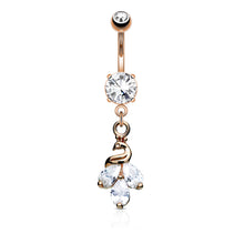 Load image into Gallery viewer, Cluster peacock dangle and round prong set belly ring