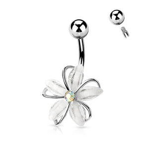 Center wire set white flower belly ring