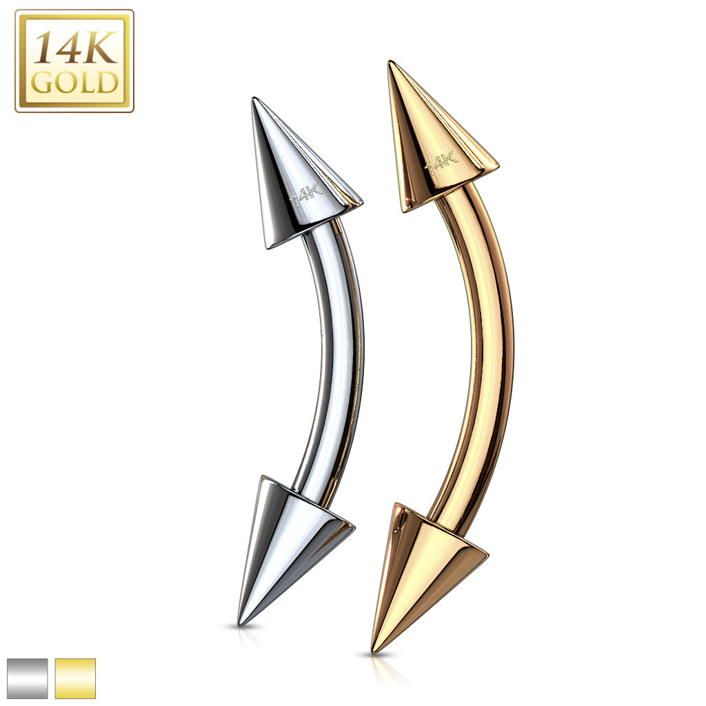 14K Solid Yellow/White gold Spike ends Curved barbell (3x4MM Spikes)