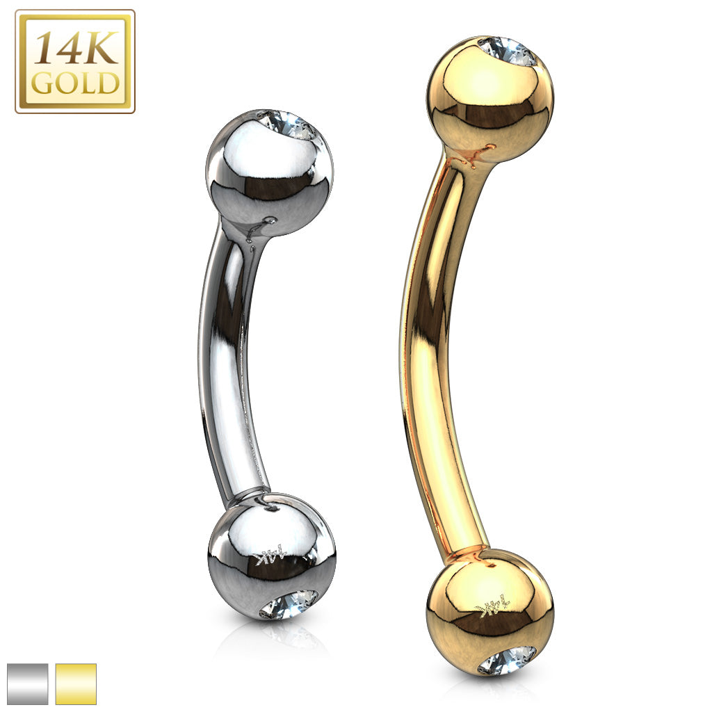 14K Solid Yellow/White gold curved barbell with Top and bottom CZ (3MM balls)