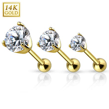 Load image into Gallery viewer, 14k Solid yellow/white gold CZ top prong set barbell for Ear Cartlilage, tragus and more (Ball size 3mm)