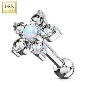 5 CZ Petals with Opal Center Flower Top 14K Gold Cartilage/Tragus Barbell