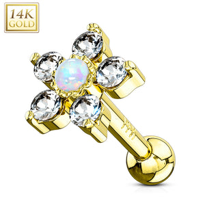 5 CZ Petals with Opal Center Flower Top 14K Gold Cartilage/Tragus Barbell