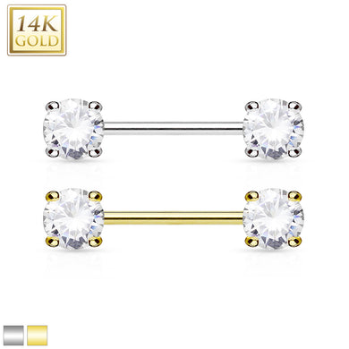 Double Prong Set AAA CZ 14K Gold Nipple Bar (price for one)