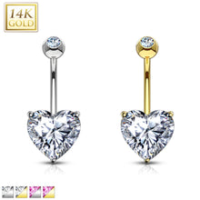 Load image into Gallery viewer, 14K Solid White/Yellow gold Heart CZ Prong set belly ring