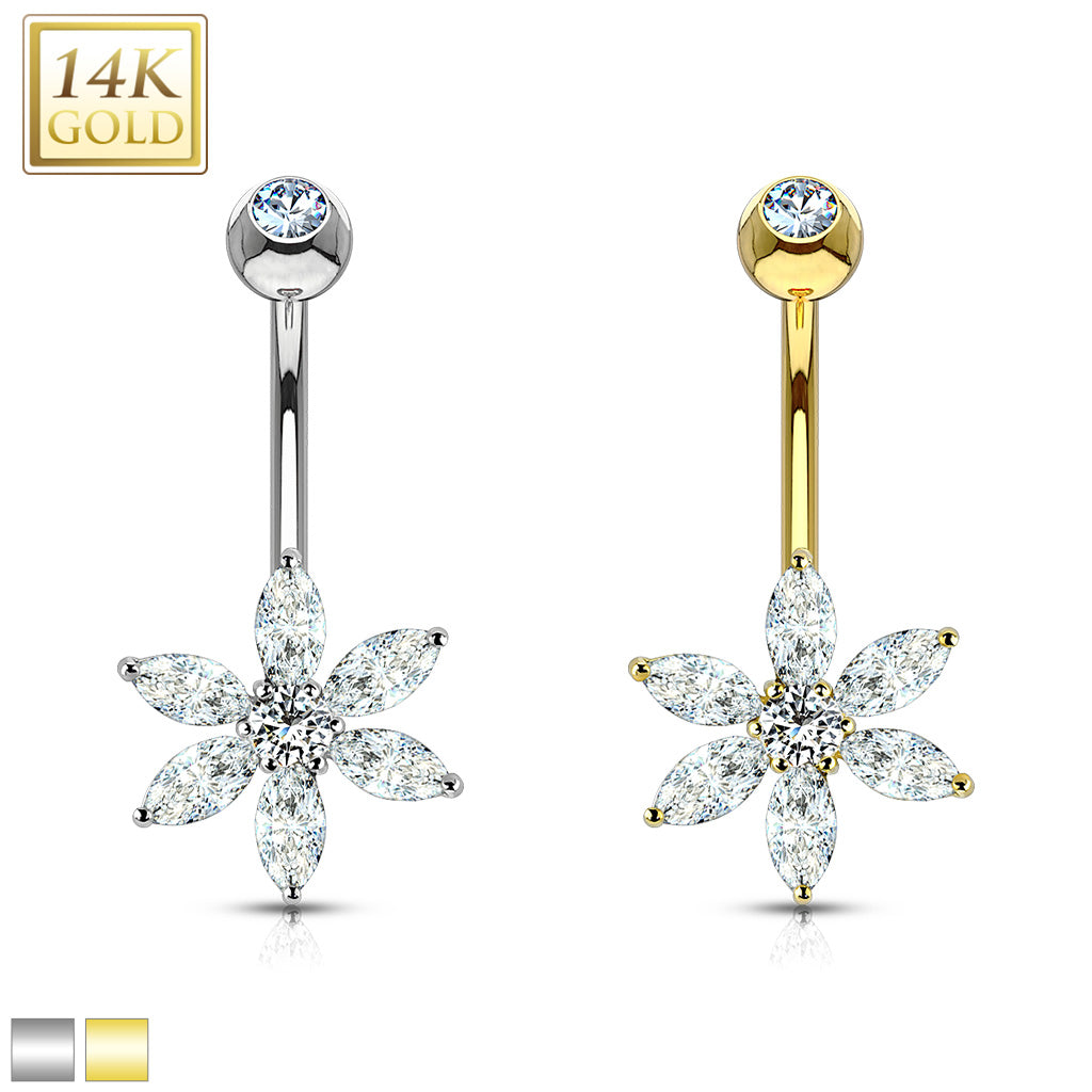 14k Solid White/Yellow gold Petal Flower Multi CZ Prong set Belly ring