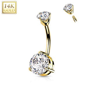 14K Gold Prong-set Double Round CZ Belly Button Navel Ring