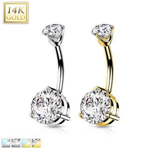 14K Gold Prong-set Double Round CZ Belly Button Navel Ring