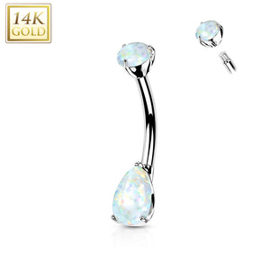 14K Gold Prong Set Round Top and Teardrop Opal Belly Button Navel Ring