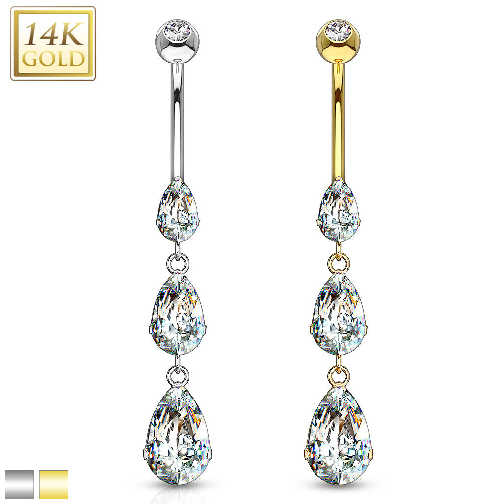 14k Solid Yellow/White gold belly ring Cascade teardrop CZ's (5MM Top ball)