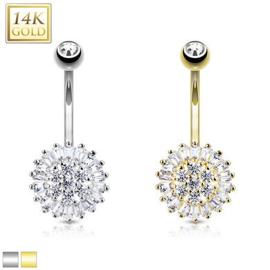 14K Solid Yellow/White gold clear AAA CZ Sun Flower Belly ring