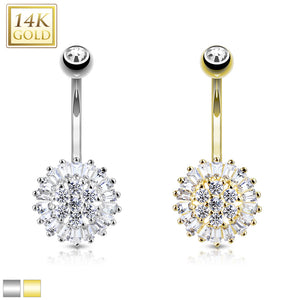 14K Solid Yellow/White gold clear AAA CZ Sun Flower Belly ring