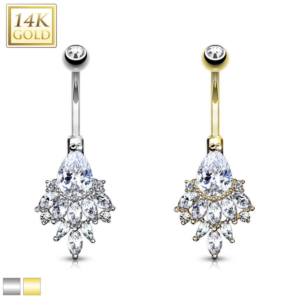 14K Solid Yellow/White Gold Pear CZ with cascading oval CZ cluster (5MM Top ball)