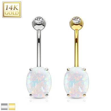 14K Solid White/Yellow Gold Synthetic Opal Stone Prong set Belly ring