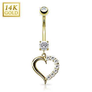 14K Solid White/Yellow Gold Clear CZ Journey Heart Belly ring