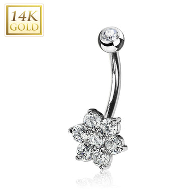 14K Solid White/Yellow Gold Flower Clear CZ Belly ring