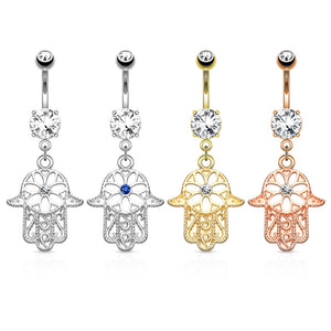 CZ Centered Hamsa Dangle on 316L Surgical Steel Belly Button Rings with Prong Set CZ