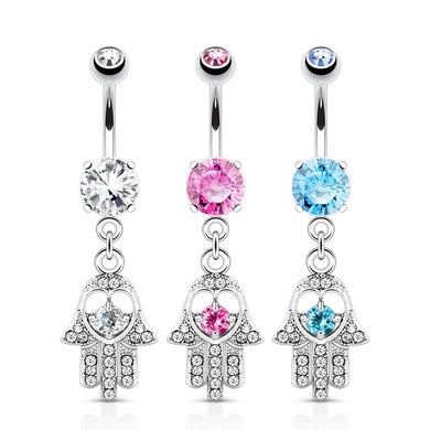 Hamsa with Colored CZ and Crystal Paved Dangle Navel Ring