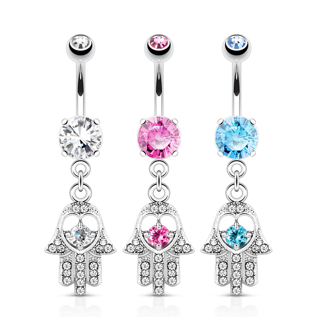 Hamsa with Colored CZ and Crystal Paved Dangle Navel Ring