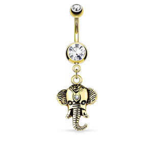 Elephant Dangle 316L Surgical Steel Double Jeweled Belly Button Ring