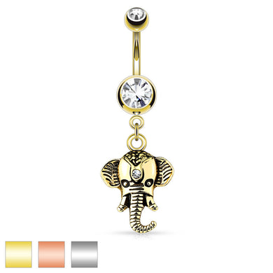 Elephant Dangle 316L Surgical Steel Double Jeweled Belly Button Ring