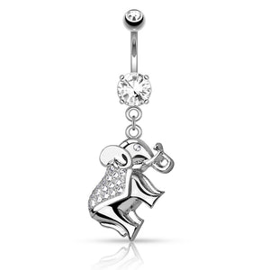 CZ Paved Elephant Dangle 316L Surgical Steel Belly Button Navel Ring