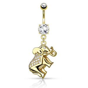 CZ Paved Elephant Dangle 316L Surgical Steel Belly Button Navel Ring