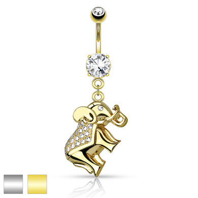 CZ Paved Elephant Dangle 316L Surgical Steel Belly Button Navel Ring