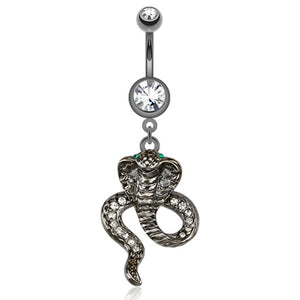 Cobra Hematite with Green CZ Eyes Dangle Navel Ring 316L Surgical Steel