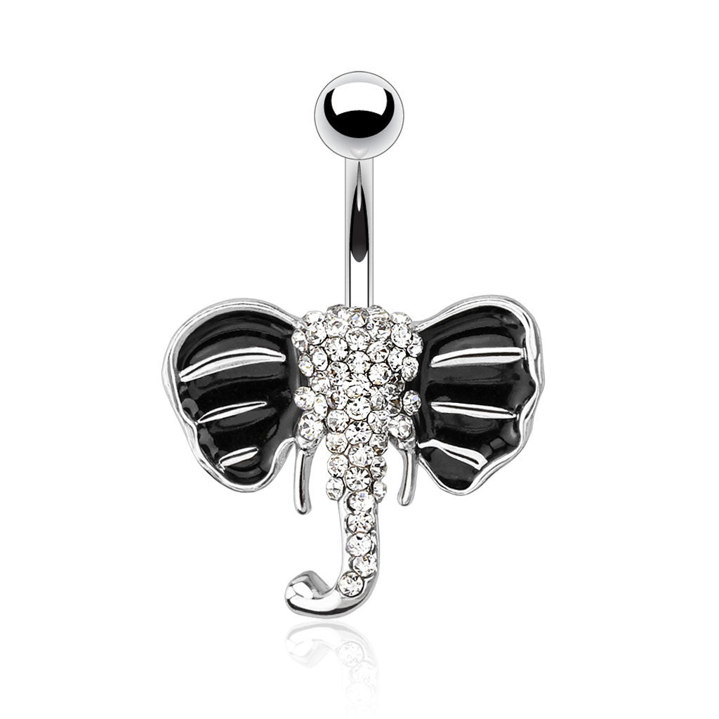 Elephant with Paved Gems and Black Enamel Ears 316L Surgical Steel Navel Ring