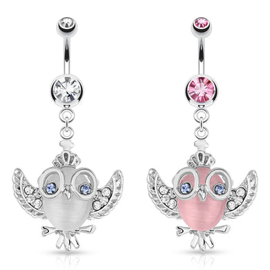 Cats Eye Owl with Gemmed Wings Glasses and Crown Dangle 316L Surgical Steel Navel Ring