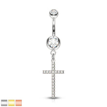 Load image into Gallery viewer, Cross Dangle Double Jeweled 316L Surgical Steel Ring