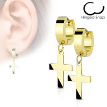 Load image into Gallery viewer, Pair of 316L Stainless Steel Hinged Hoop Earring with Cross Dangle