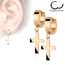 Load image into Gallery viewer, Pair of 316L Stainless Steel Hinged Hoop Earring with Cross Dangle