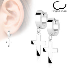 Load image into Gallery viewer, Pair of 316L Stainless Steel Hinged Hoop Earring with Cross Dangle