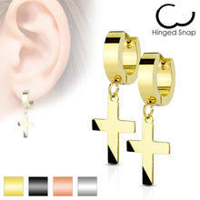 Load image into Gallery viewer, Pair of 316L Stainless Steel Hinged Hoop Earring with Cross Dangle